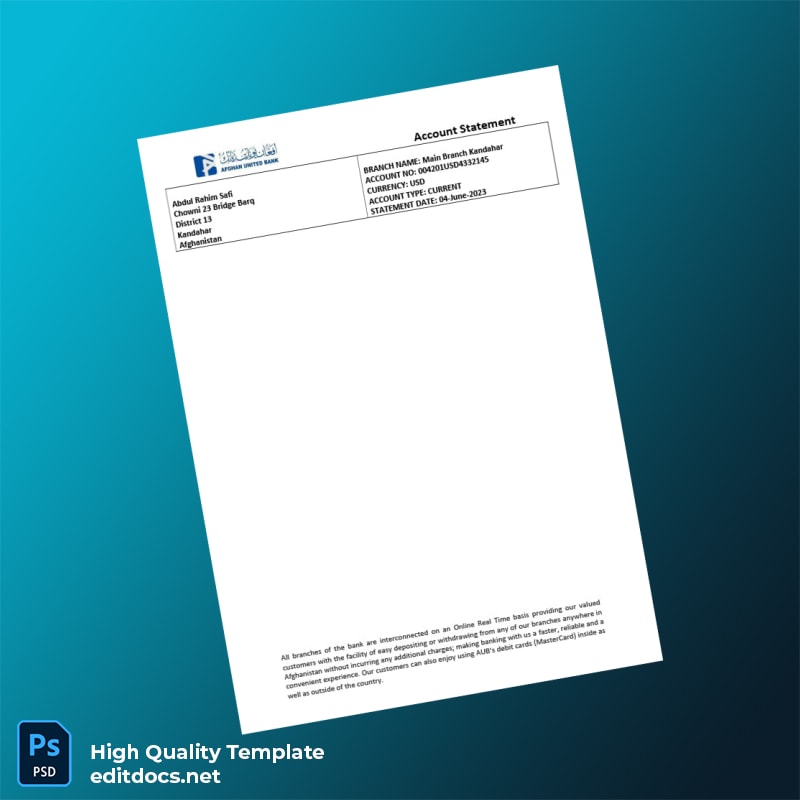 Afghanistan Afghan United Bank Statement Template in Word and PDF formats page 2