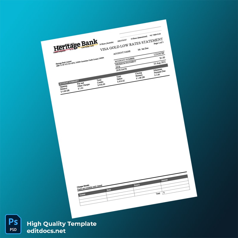 Australia Heritage Bank Credit Card Statement Template in Word and PDF formats page 2