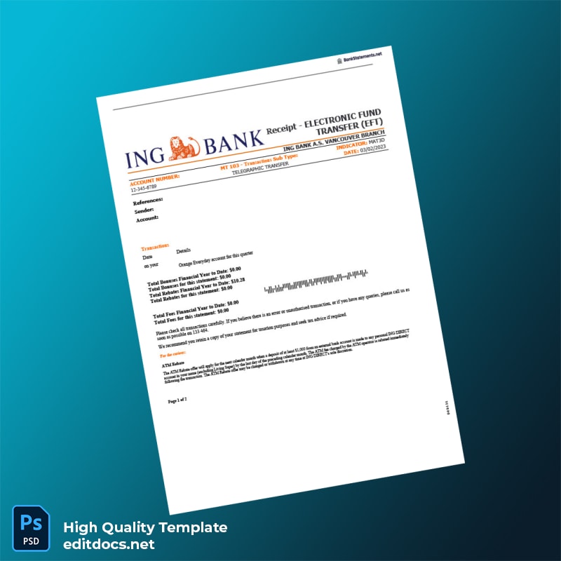 Australia ING Bank Statement Template in Word and PDF formats