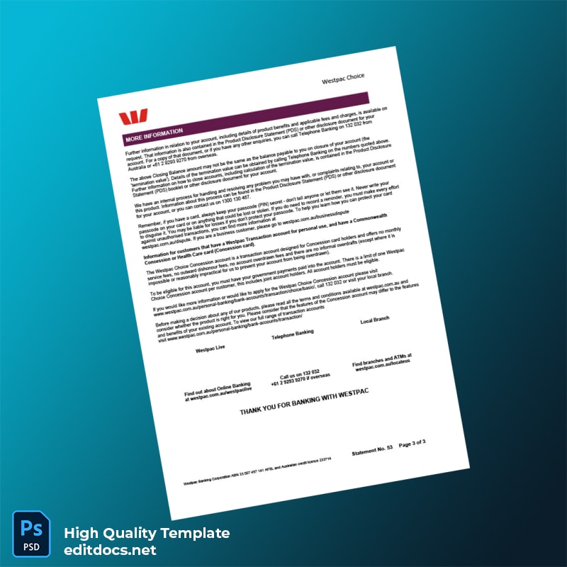 Australia Westpac Bank Statement Template in Word and PDF formats page 3