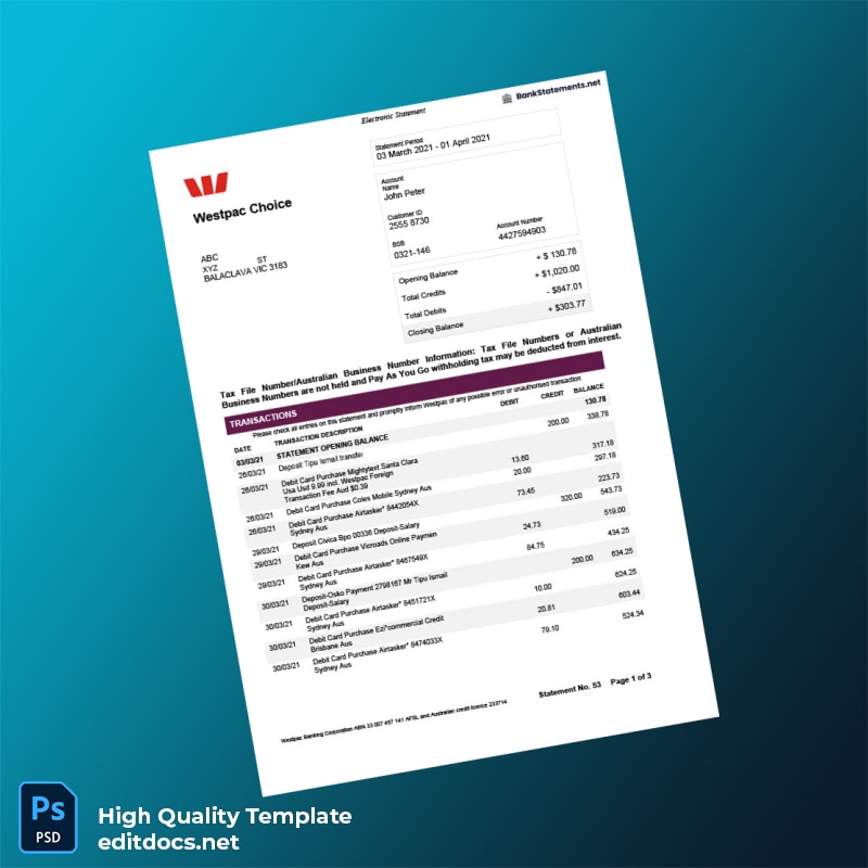 Australia Westpac Bank Statement Template in Word and PDF formats
