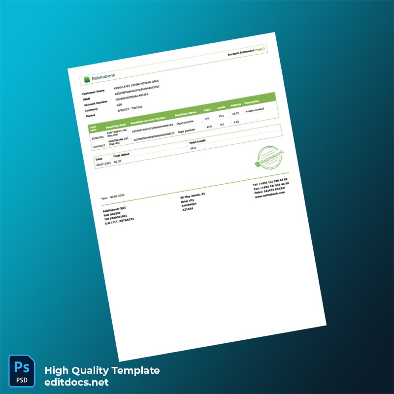 Azerbaijan Rabitabank Account Statement Template in Word and PDF formats page 2