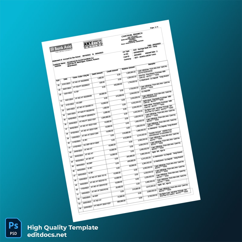 Bangladesh Bank Asia Statement Template in Word and PDF formats page 2