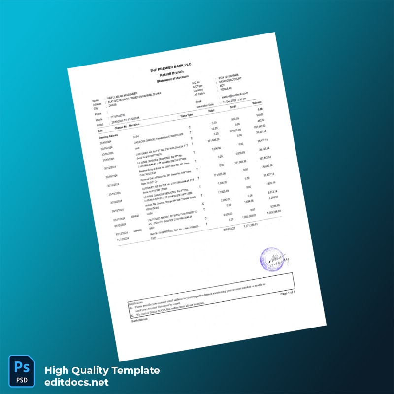 Bangladesh Bank Statement Template in Word and PDF formats