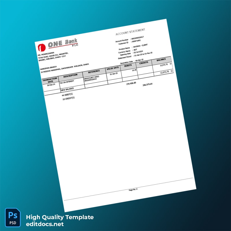 Bangladesh Document Type Bank Statement Template in Word and PDF formats page 2