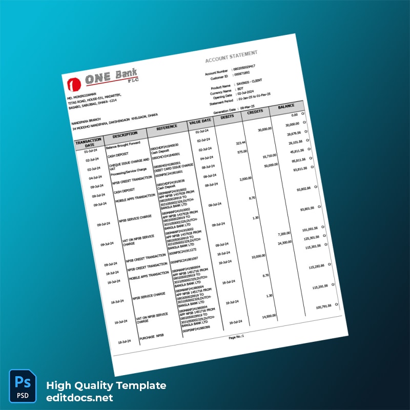 Bangladesh Document Type Bank Statement Template in Word and PDF formats