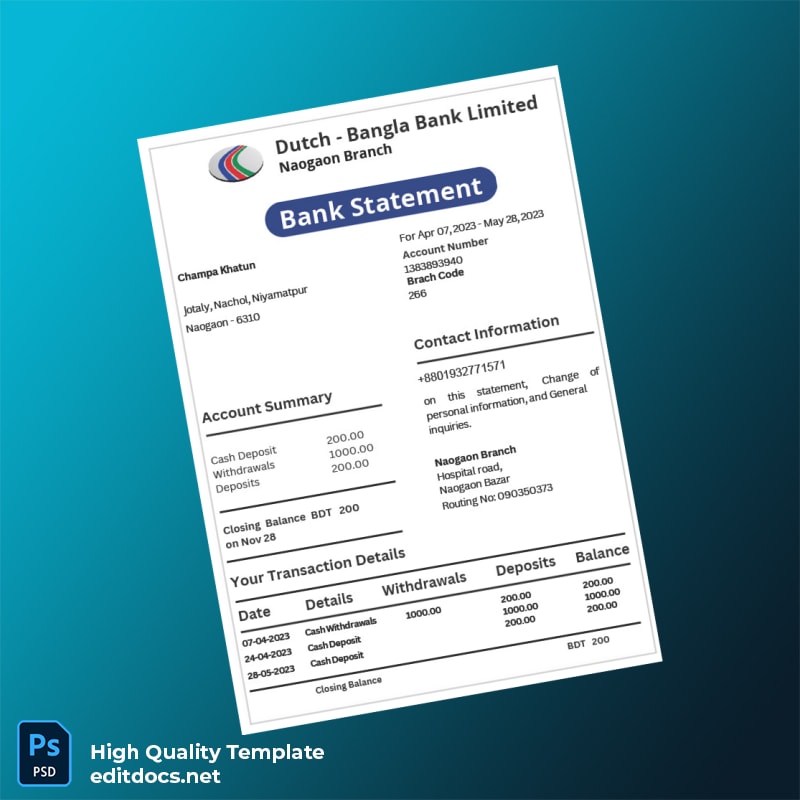 Bangladesh Dutch-Bangla Bank Statement Template in Word and PDF formats