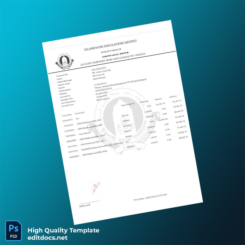 Bangladesh Islami Bank Statement Template in Word and PDF formats