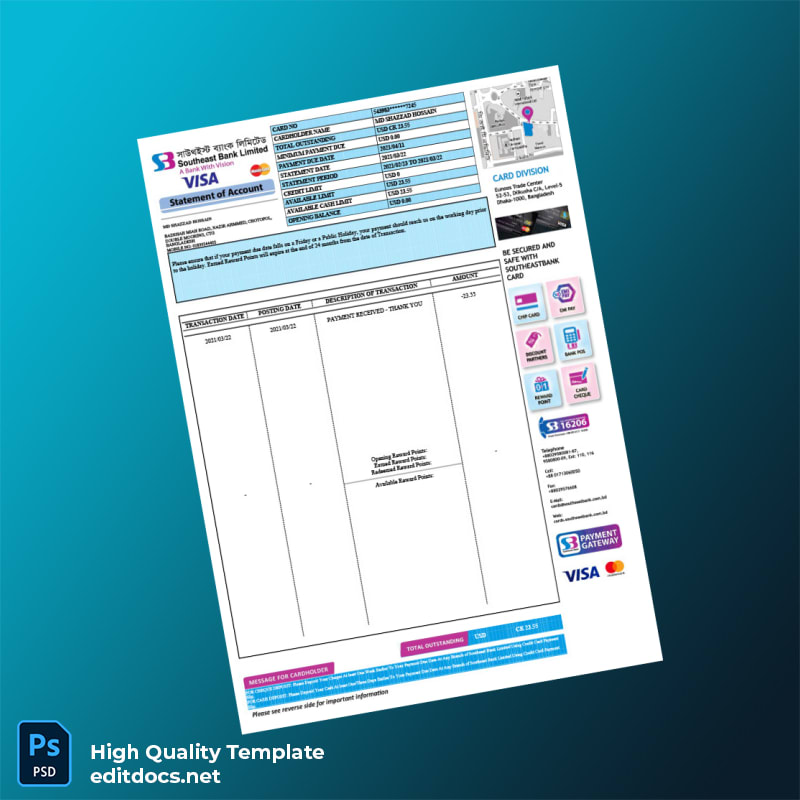 Bangladesh Southeast Bank Credit Card Statement Template in Word and PDF formats