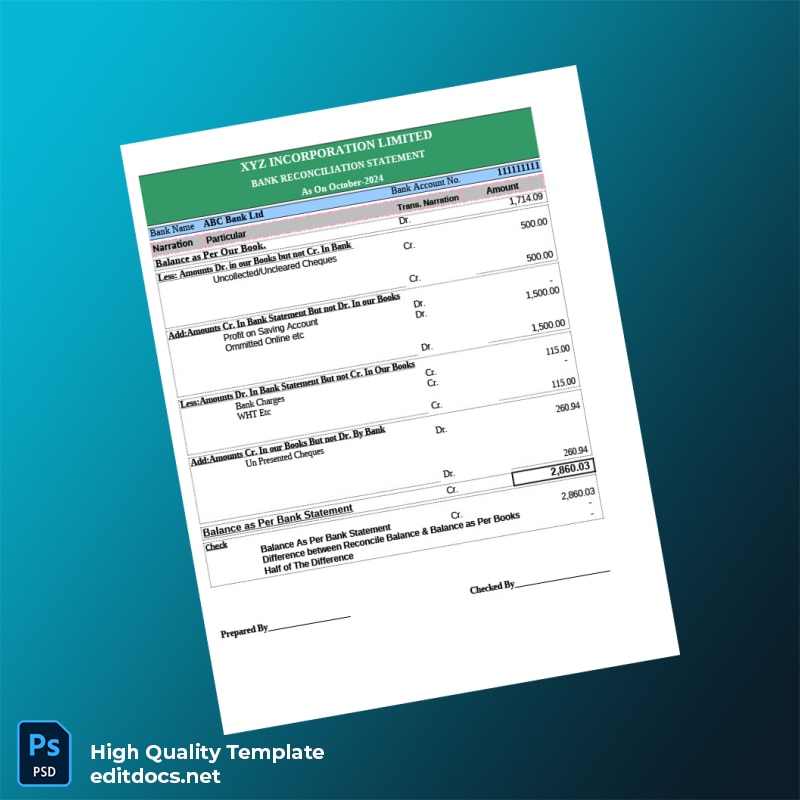 Bank Reconciliation Template in Word and PDF formats page 2
