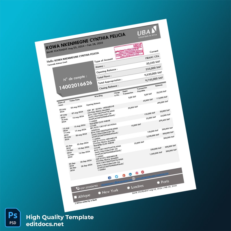 Cameroon United Bank for Africa Bank Statement Template in Word and PDF formats page 2