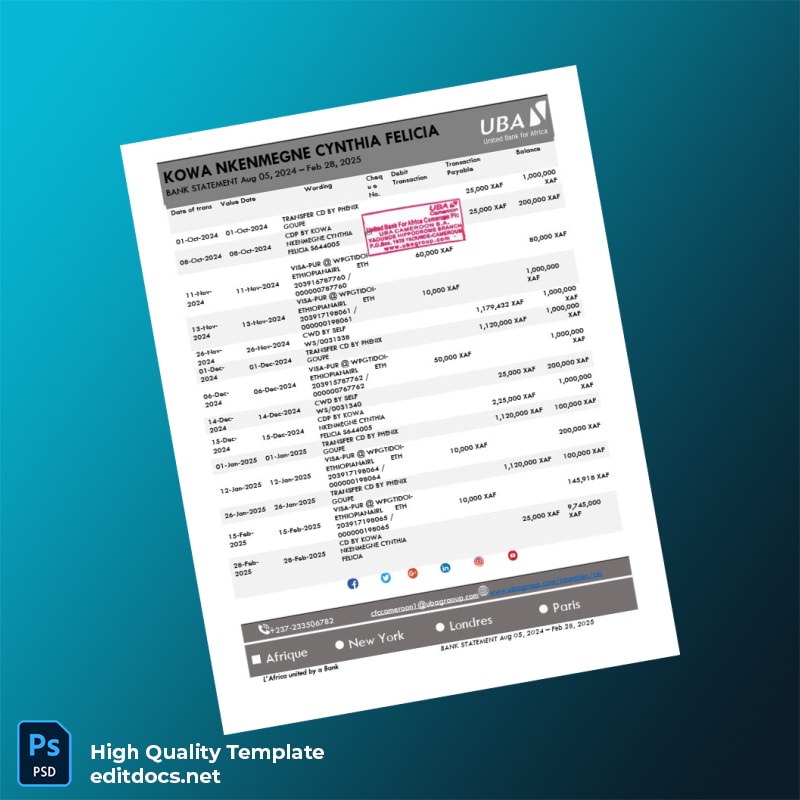 Cameroon United Bank for Africa Bank Statement Template in Word and PDF formats page 3
