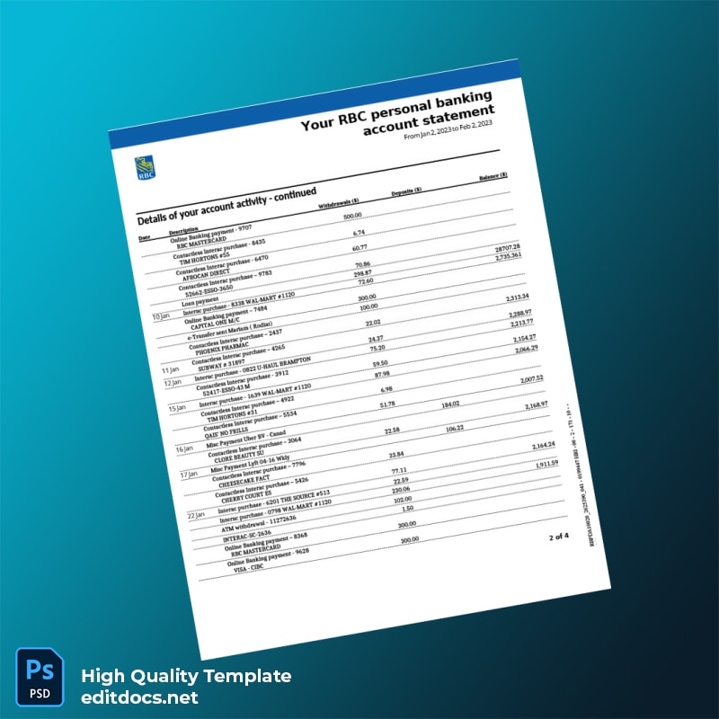 Canada RBC Bank Statement Template in Word and PDF formats page 2