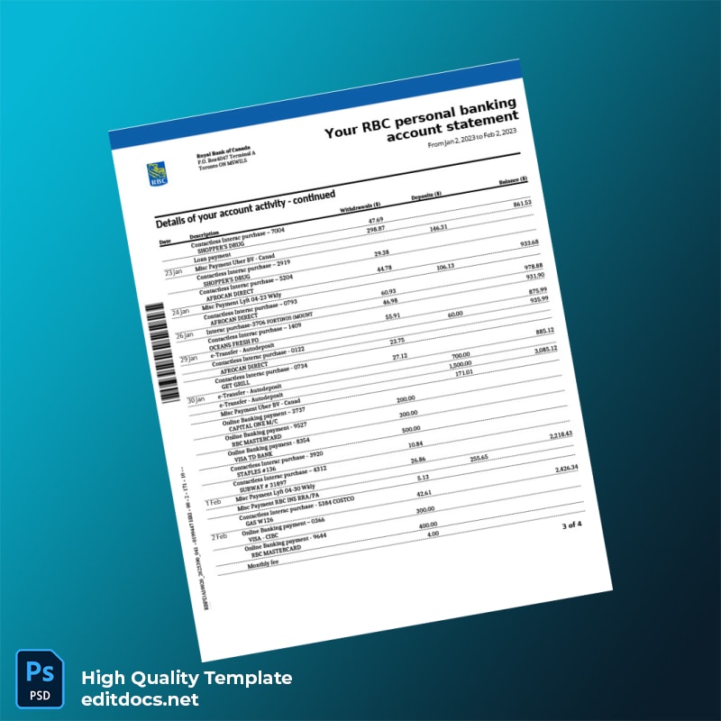 Canada RBC Bank Statement Template in Word and PDF formats page 3