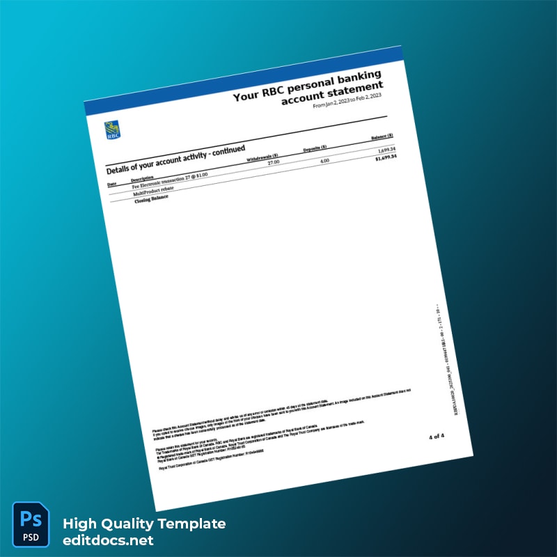 Canada RBC Bank Statement Template in Word and PDF formats page 4
