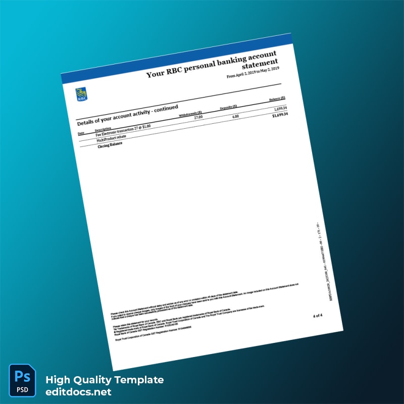 Canada RBC Personal Banking Account Statement Template in Word and PDF formats page 4