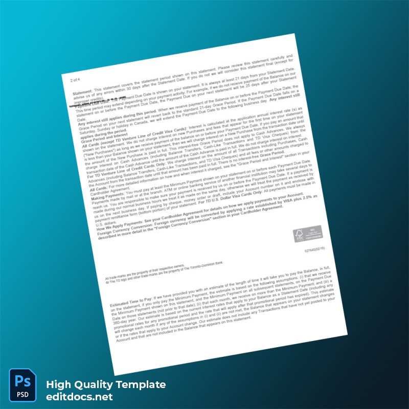 Canada TD Bank Credit Card Statement Template in Word and PDF formats page 2