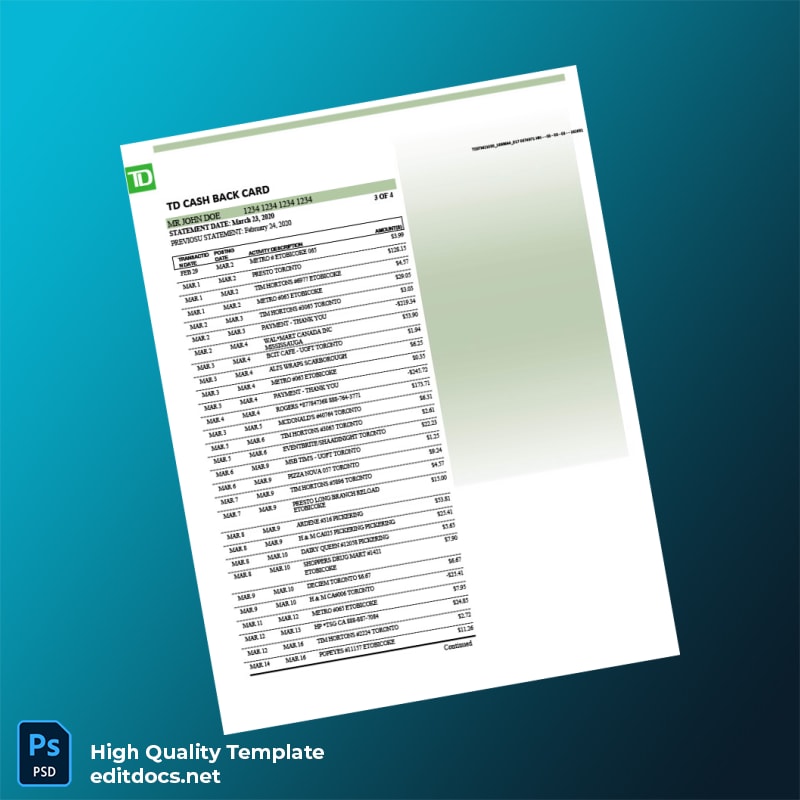 Canada TD Bank Credit Card Statement Template in Word and PDF formats page 3