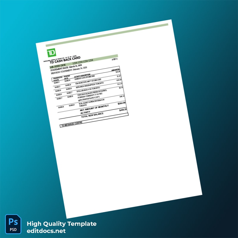 Canada TD Bank Credit Card Statement Template in Word and PDF formats page 4