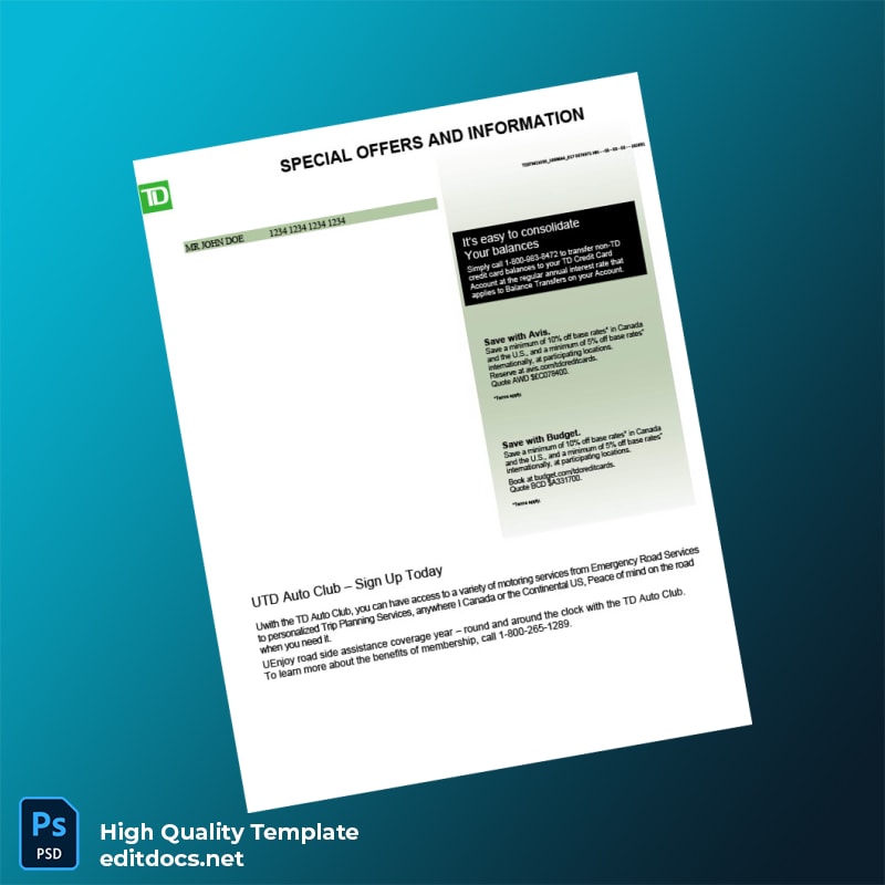 Canada TD Bank Credit Card Statement Template in Word and PDF formats page 5