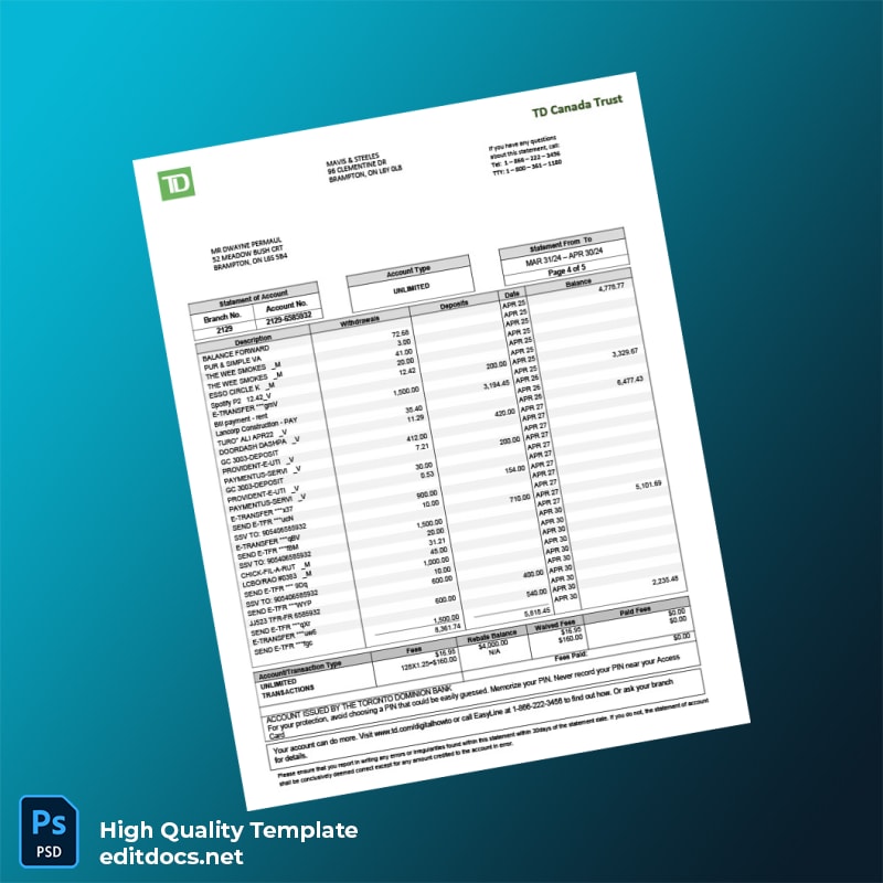 Canada TD Canada Trust Bank Statement Template in Word and PDF formats page 4
