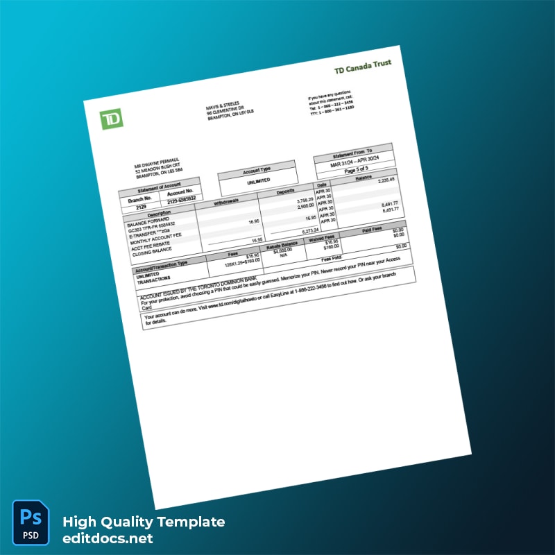 Canada TD Canada Trust Bank Statement Template in Word and PDF formats page 5
