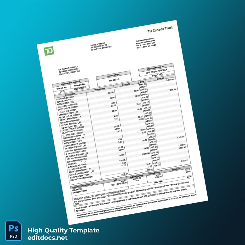 Canada TD Canada Trust Bank Statement Template in Word and PDF formats