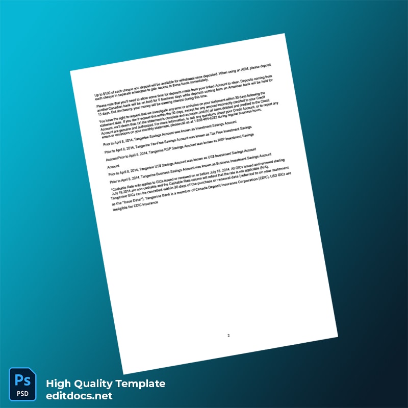 Canada Tangerine Bank Statement Template in Word and PDF formats page 2