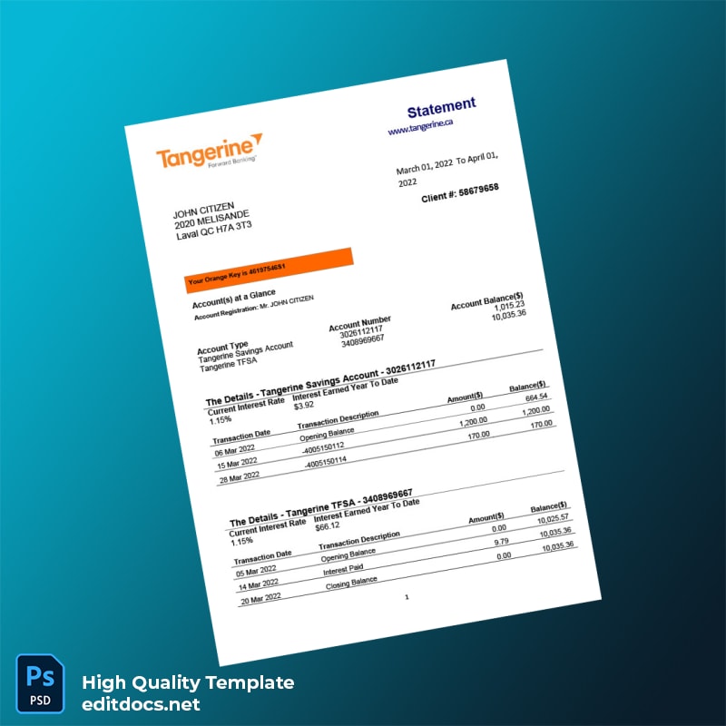 Canada Tangerine Bank Statement Template in Word and PDF formats