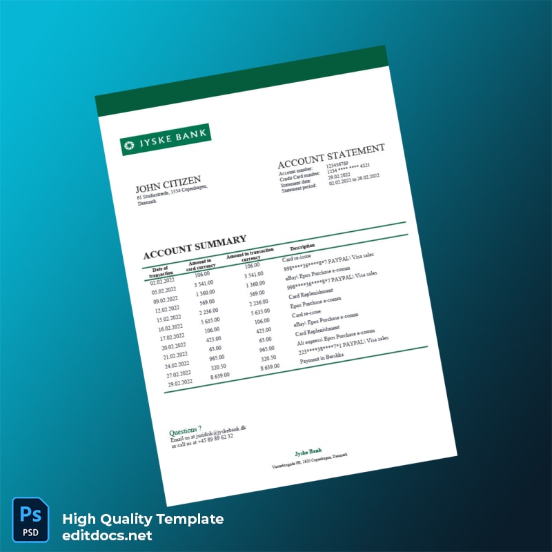 Denmark Jyske Bank Statement Template in Word and PDF formats