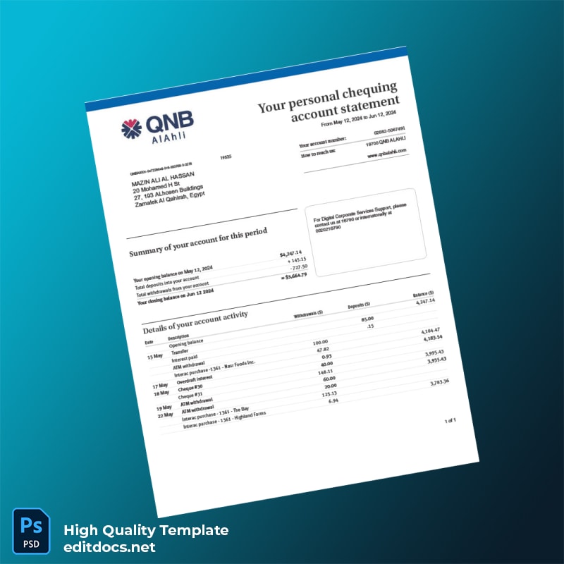 Egypt QNB Al Ahli Account Statement Template in Word and PDF formats