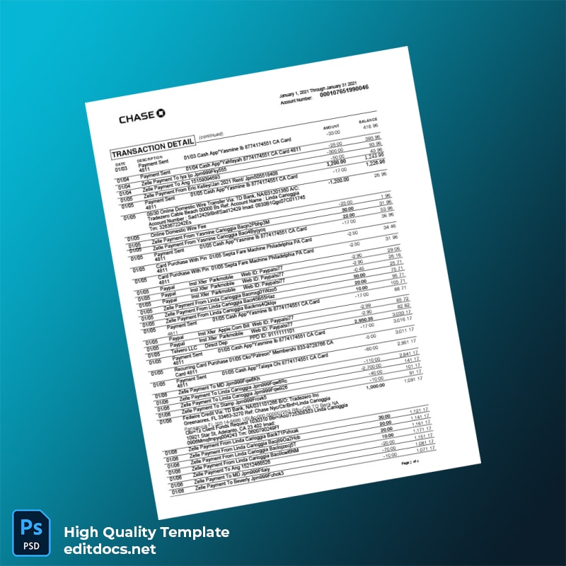 France Chase Bank Statement Template in Word and PDF formats page 2