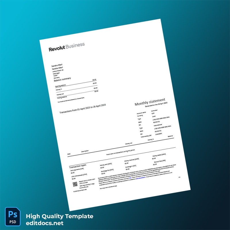 Germany Revolut Bank Statement Template in Word and PDF formats