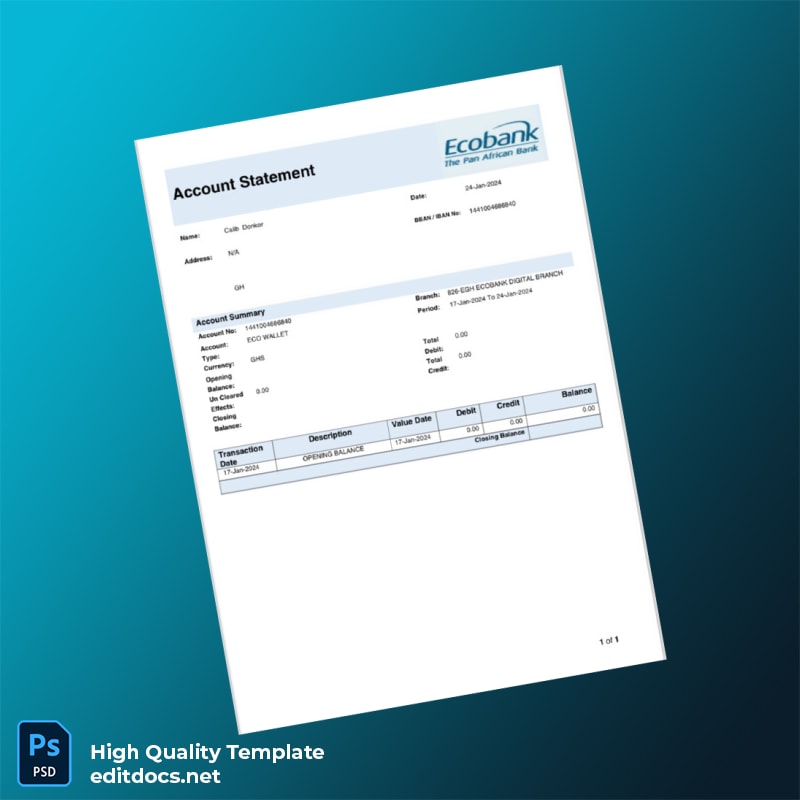 Ghana Ecobank Bank Statement Template in Word and PDF formats