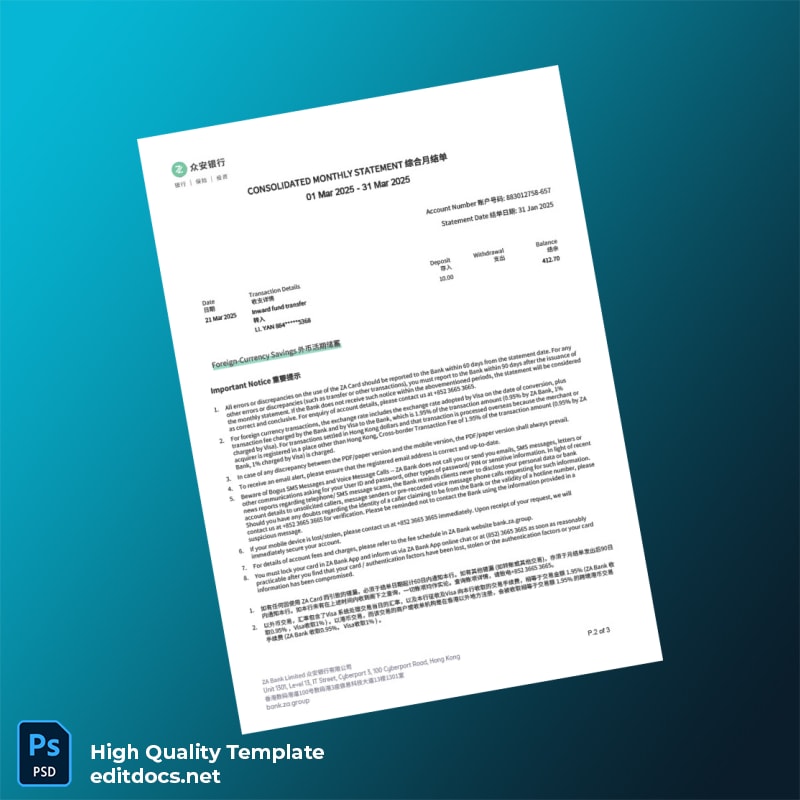 Hong Kong ZA Bank Statement Template in Word and PDF formats page 2