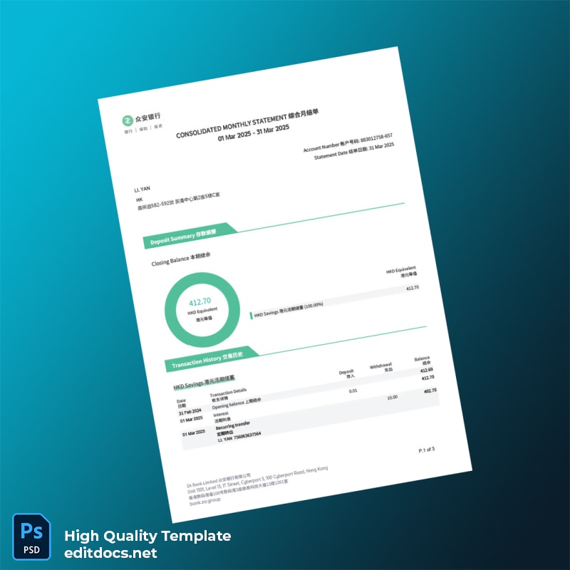Hong Kong ZA Bank Statement Template in Word and PDF formats