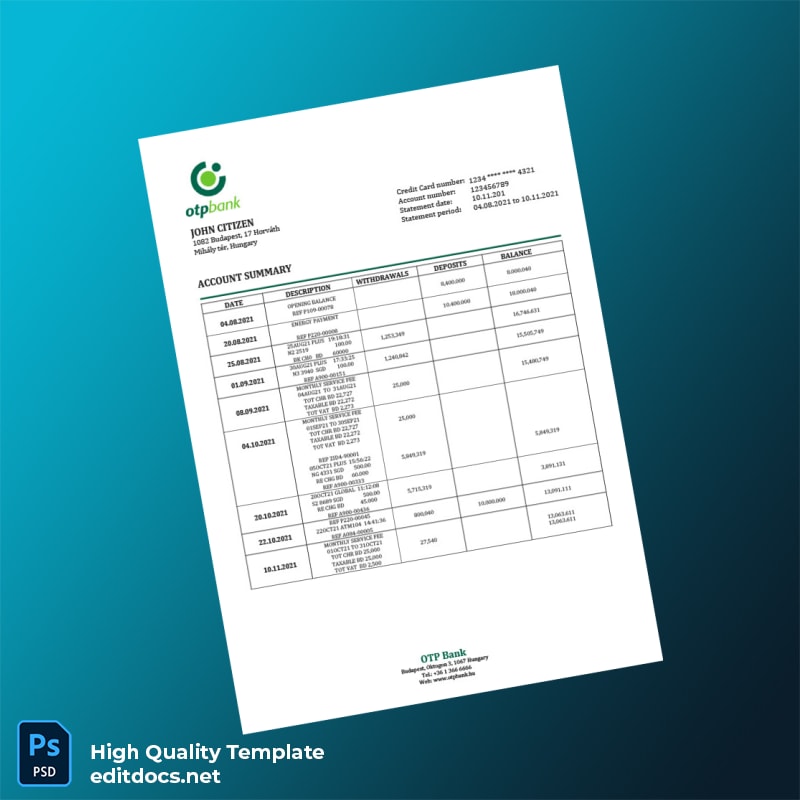 Hungary OTP Bank Statement Template in Word and PDF formats