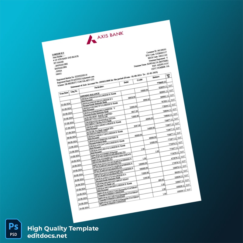 India Axis Bank Account Statement Template in Word and PDF formats