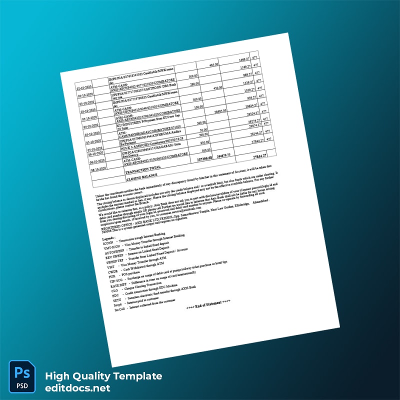 India Axis Bank Statement Template in Word and PDF formats page 6