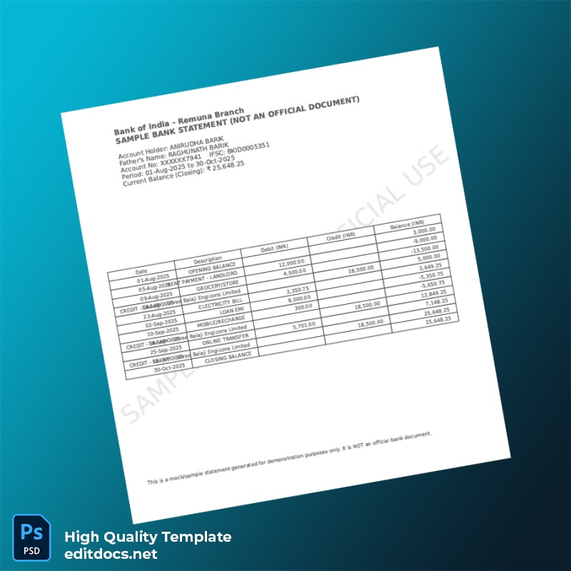 India Bank of India Bank Statement Template in Word and PDF formats