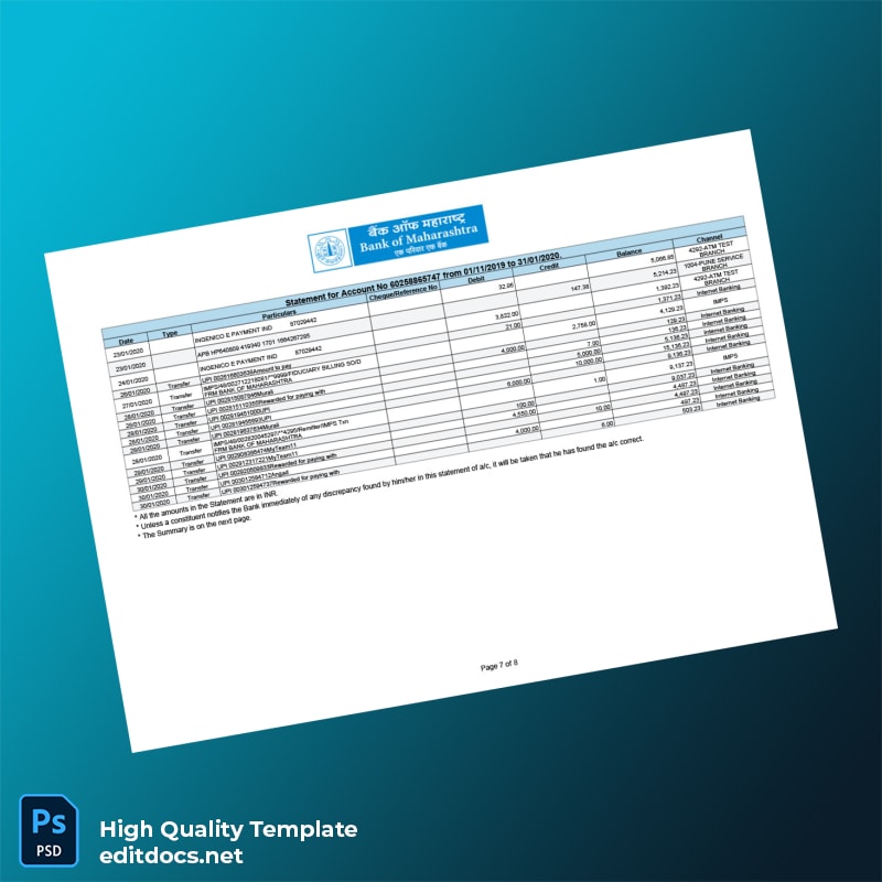 India Bank of Maharashtra Account Statement Template in Word and PDF formats page 7