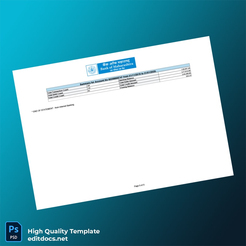 India Bank of Maharashtra Account Statement Template in Word and PDF formats page 8