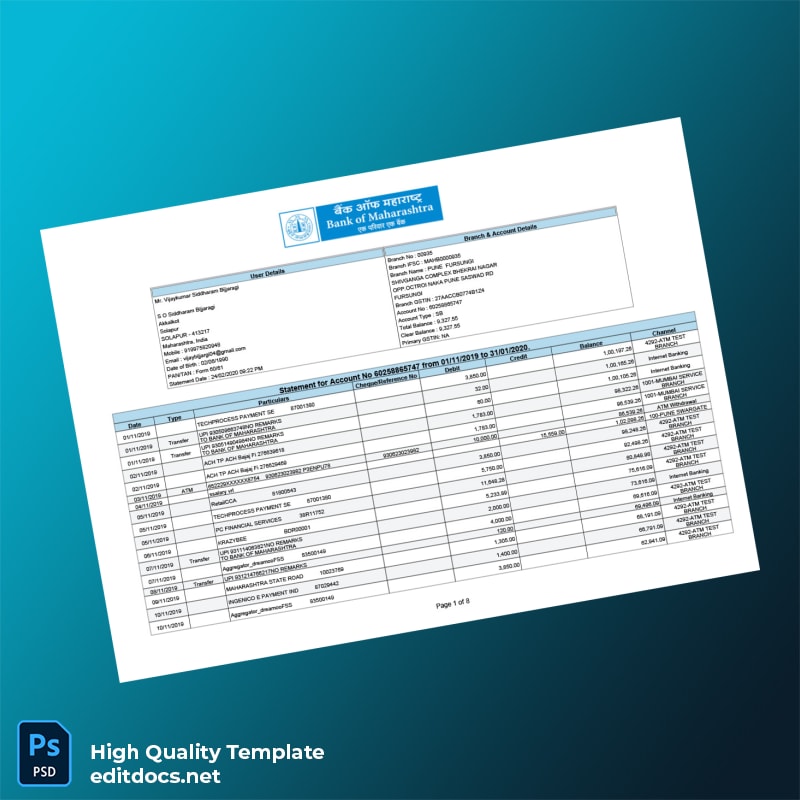 India Bank of Maharashtra Account Statement Template in Word and PDF formats