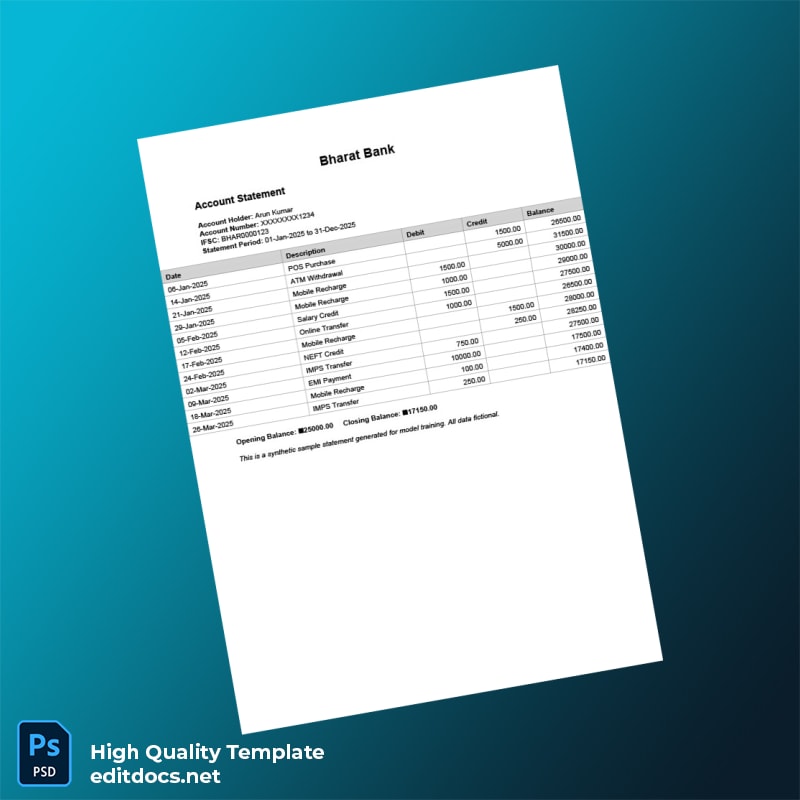 India Bharat Bank Statement Template in Word and PDF formats