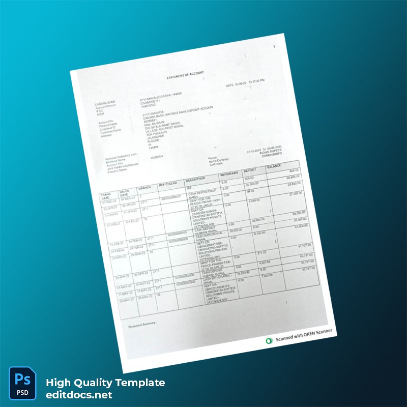 India Canara Bank Statement Template in Word and PDF formats page 2