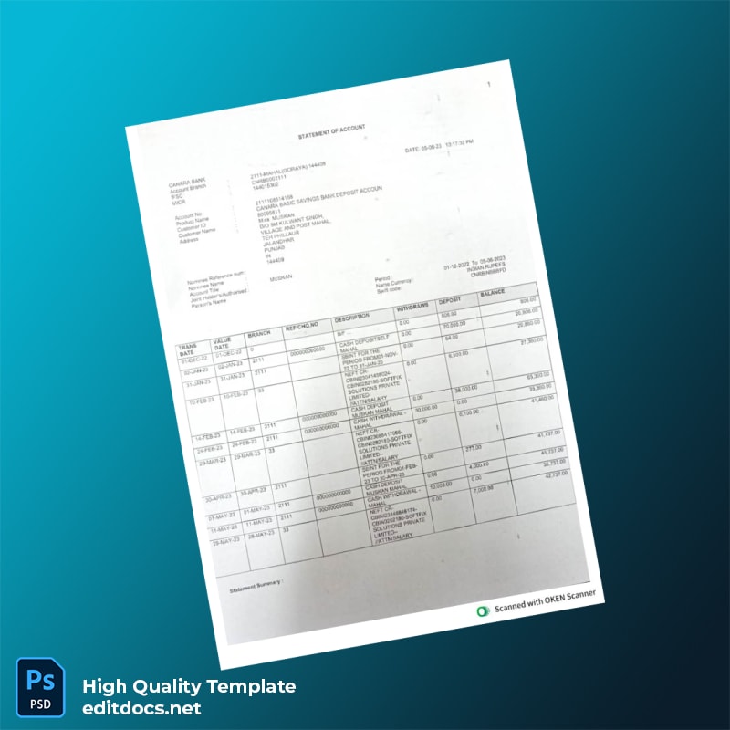 India Canara Bank Statement Template in Word and PDF formats page 3