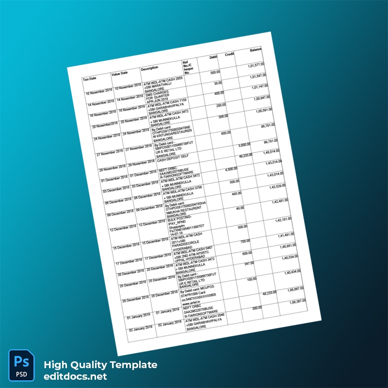 India Document Type Bank Statement Template in Word and PDF formats page 2