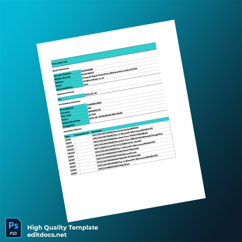 India Finvu Bank Statement Template in Word and PDF formats page 2