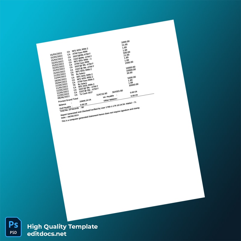 India GPUR MAHANAGARPALIKA KARMACHARI BAH BANK LTD Salary Bank Statement Template in Word and PDF formats page 2