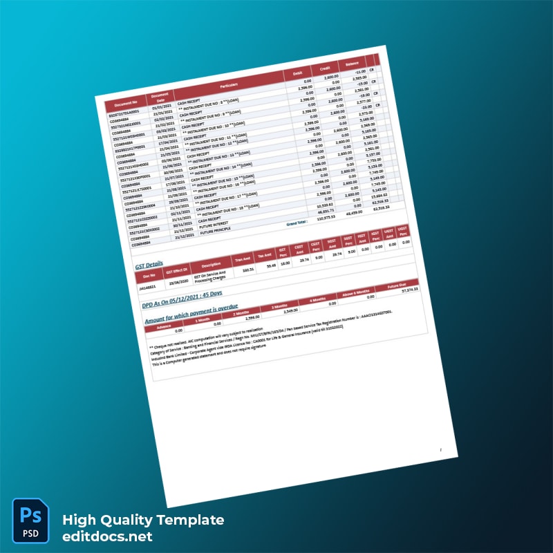 India IndusInd Bank Loan Statement Template in Word and PDF formats page 2